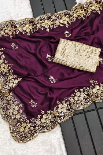 Purple embroidered, sequin embroidered, cut work rangoli silk bollywood saree with blouse