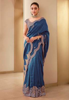 Teal blue embroidered, sequin embroidered, cut work vichitra silk bollywood saree with blouse 1