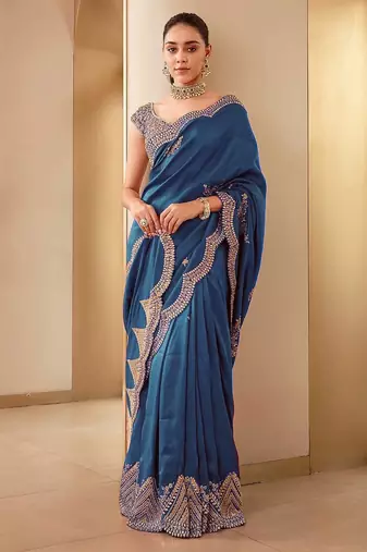 Teal blue embroidered, sequin embroidered, cut work vichitra silk bollywood saree with blouse