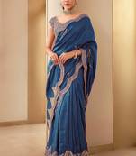 Teal blue embroidered, sequin embroidered, cut work vichitra silk bollywood saree with blouse