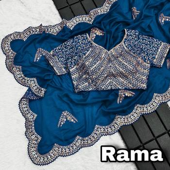Teal blue embroidered, sequin embroidered, cut work vichitra silk bollywood saree with blouse 2