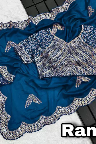 Teal blue embroidered, sequin embroidered, cut work vichitra silk bollywood saree with blouse
