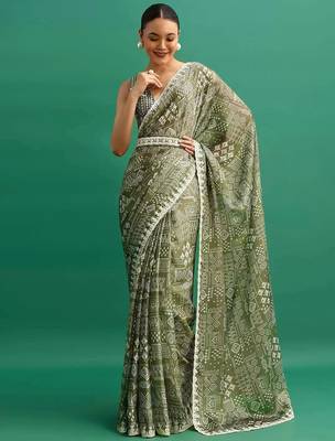 Green printed, sequin embroidered chinnon silk bollywood saree with blouse 1
