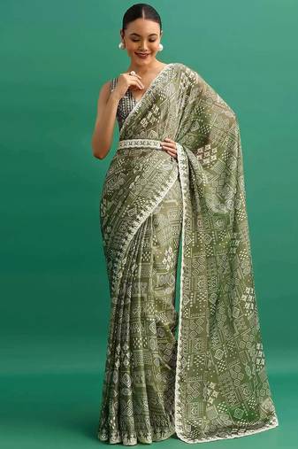 Green printed, sequin embroidered chinnon silk bollywood saree with blouse
