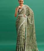 Green printed, sequin embroidered chinnon silk bollywood saree with blouse