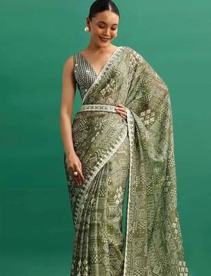 Green printed, sequin embroidered chinnon silk bollywood saree with blouse 2