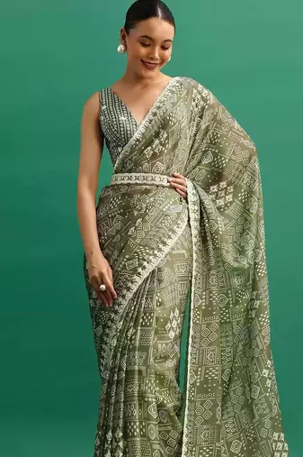 Green printed, sequin embroidered chinnon silk bollywood saree with blouse