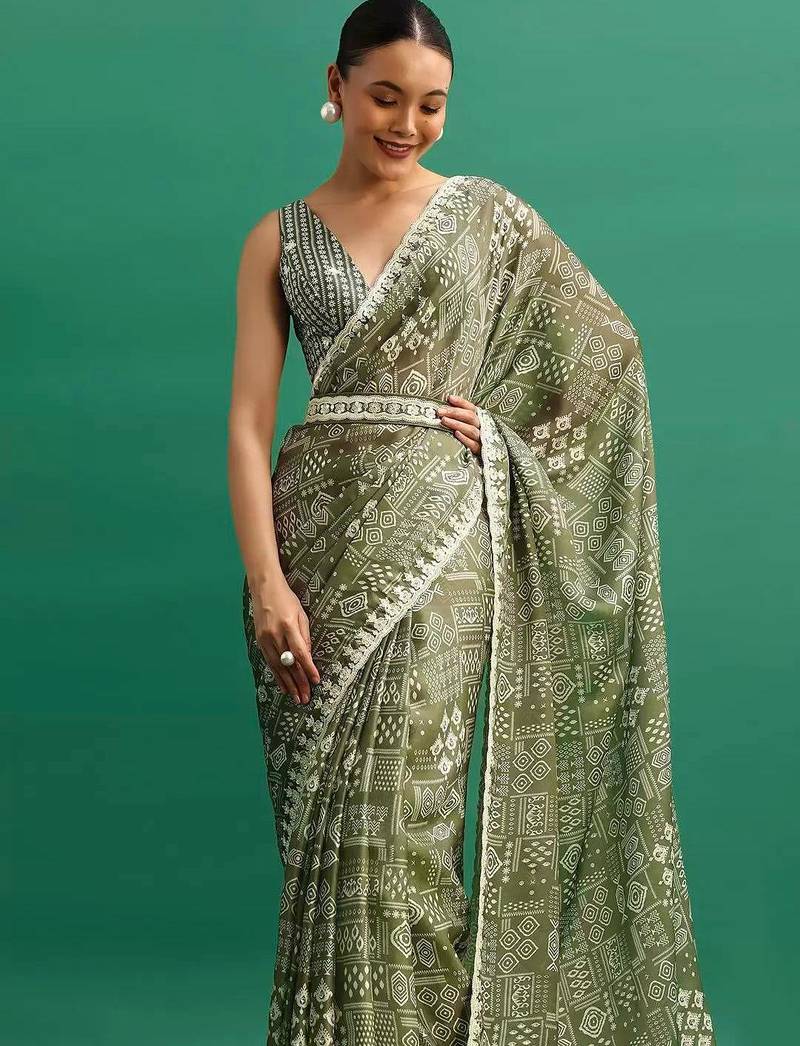 Green printed, sequin embroidered chinnon silk bollywood saree with blouse
