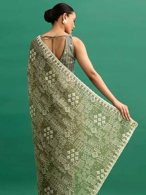 Green printed, sequin embroidered chinnon silk bollywood saree with blouse 3