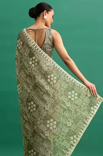Green printed, sequin embroidered chinnon silk bollywood saree with blouse