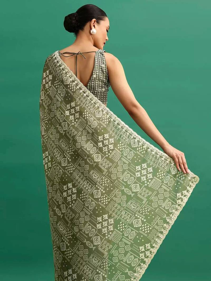 Green printed, sequin embroidered chinnon silk bollywood saree with blouse