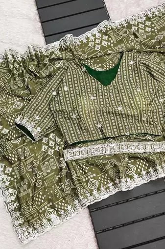 Green printed, sequin embroidered chinnon silk bollywood saree with blouse