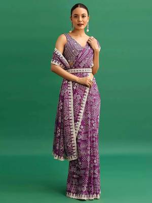 Purple printed, sequin embroidered chinnon silk bollywood saree with blouse 1