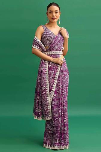 Purple printed, sequin embroidered chinnon silk bollywood saree with blouse
