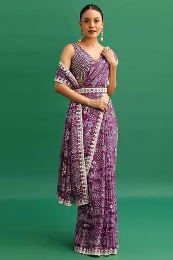 Purple printed, sequin embroidered chinnon silk bollywood saree with blouse