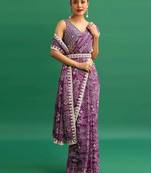 Purple printed, sequin embroidered chinnon silk bollywood saree with blouse