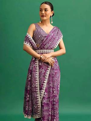 Purple printed, sequin embroidered chinnon silk bollywood saree with blouse 2