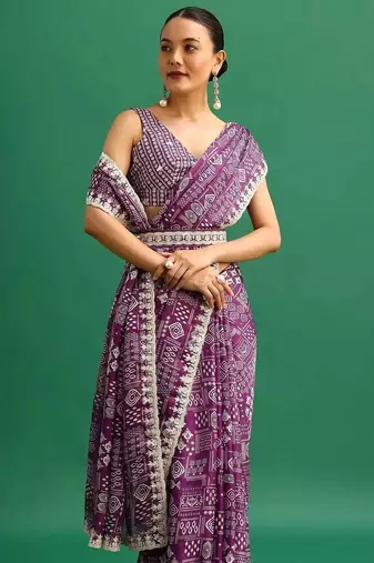 Purple printed, sequin embroidered chinnon silk bollywood saree with blouse