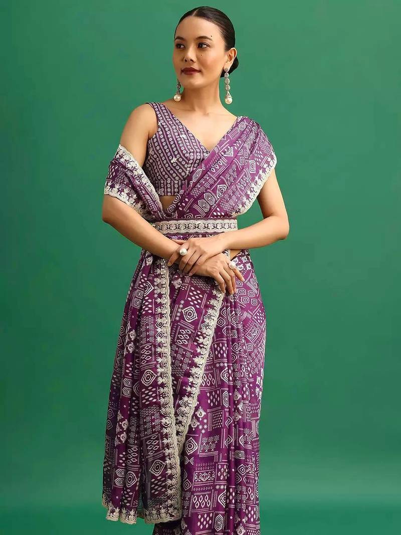 Purple printed, sequin embroidered chinnon silk bollywood saree with blouse