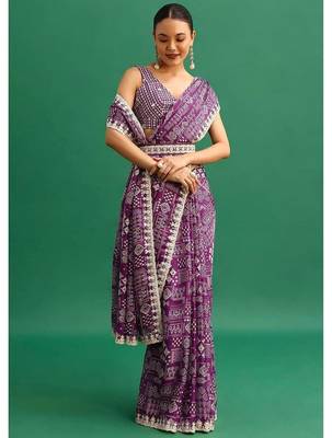 Purple printed, sequin embroidered chinnon silk bollywood saree with blouse 3