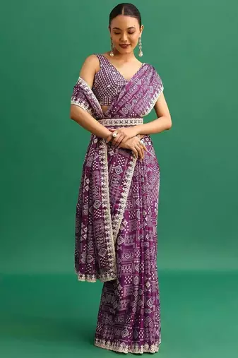 Purple printed, sequin embroidered chinnon silk bollywood saree with blouse
