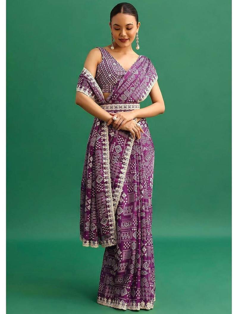 Purple printed, sequin embroidered chinnon silk bollywood saree with blouse