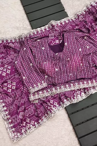 Purple printed, sequin embroidered chinnon silk bollywood saree with blouse