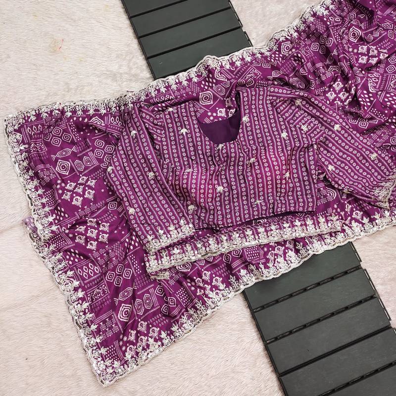 Purple printed, sequin embroidered chinnon silk bollywood saree with blouse