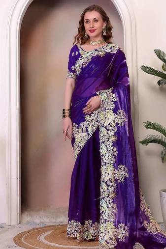 Purple sequin embroidered, cut work jimmy choo bollywood saree with blouse