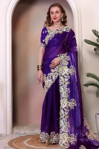 Purple sequin embroidered, cut work jimmy choo bollywood saree with blouse