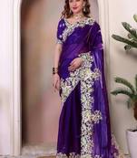Purple sequin embroidered, cut work jimmy choo bollywood saree with blouse