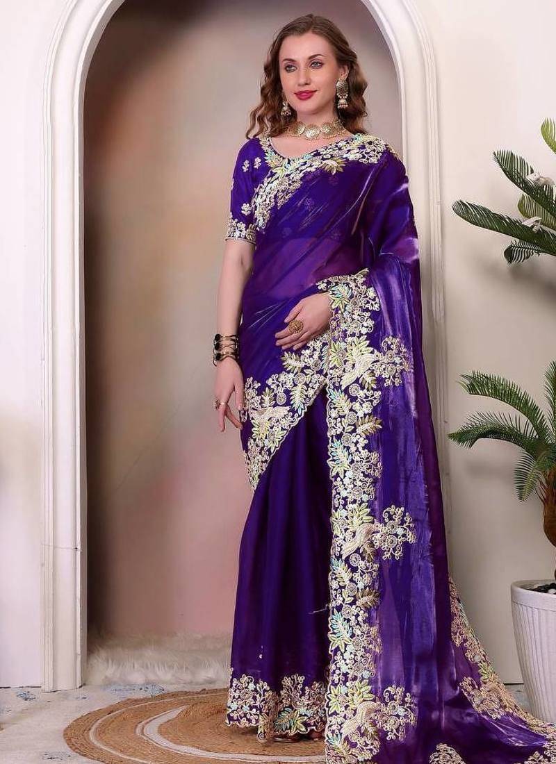 Purple sequin embroidered, cut work jimmy choo bollywood saree with blouse
