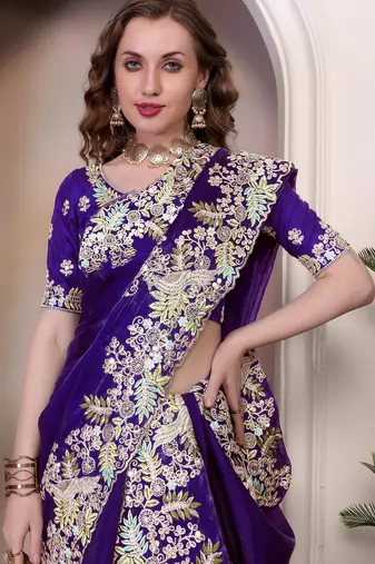 Purple sequin embroidered, cut work jimmy choo bollywood saree with blouse