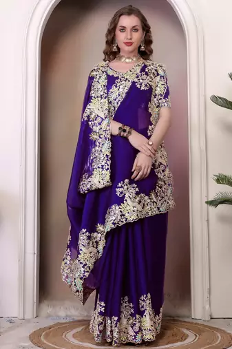 Purple sequin embroidered, cut work jimmy choo bollywood saree with blouse