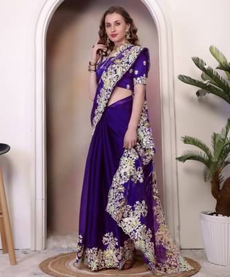 Purple sequin embroidered, cut work jimmy choo bollywood saree with blouse 4