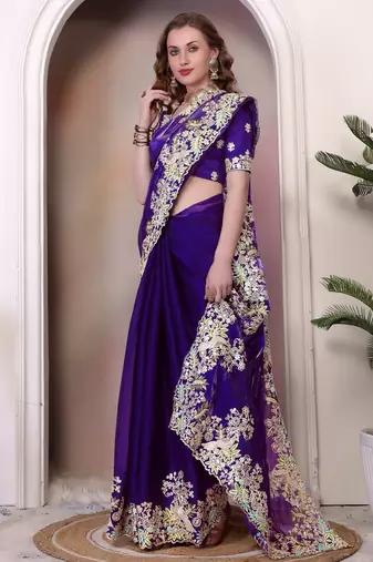 Purple sequin embroidered, cut work jimmy choo bollywood saree with blouse