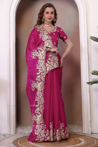 Rani pink sequin embroidered, cut work jimmy choo bollywood saree with blouse