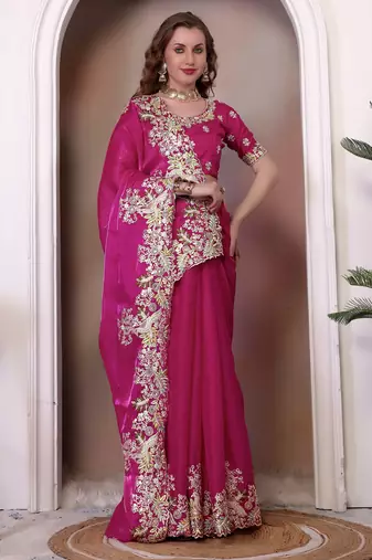 Rani pink sequin embroidered, cut work jimmy choo bollywood saree with blouse