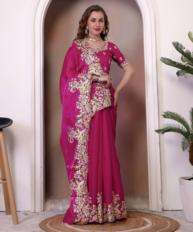Rani pink sequin embroidered, cut work jimmy choo bollywood saree with blouse