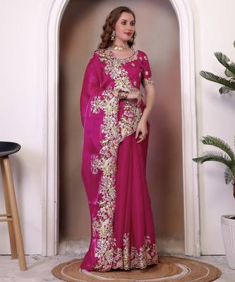 Rani pink sequin embroidered, cut work jimmy choo bollywood saree with blouse 2