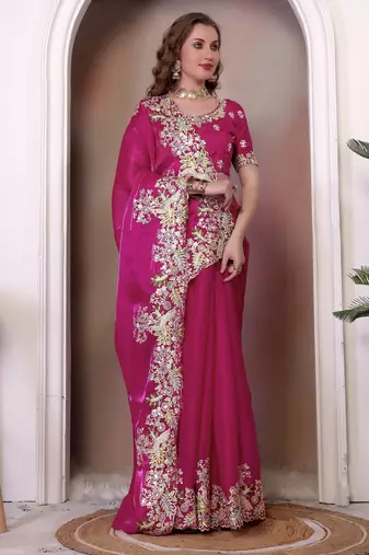 Rani pink sequin embroidered, cut work jimmy choo bollywood saree with blouse