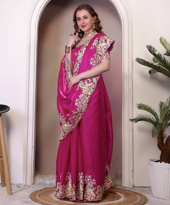 Rani pink sequin embroidered, cut work jimmy choo bollywood saree with blouse 3
