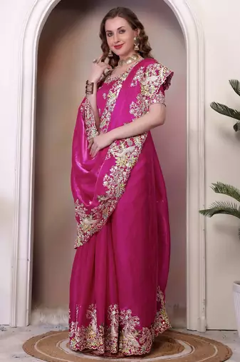 Rani pink sequin embroidered, cut work jimmy choo bollywood saree with blouse