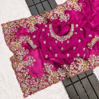 Rani pink sequin embroidered, cut work jimmy choo bollywood saree with blouse 4