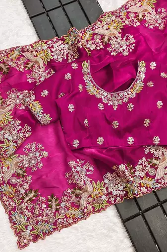 Rani pink sequin embroidered, cut work jimmy choo bollywood saree with blouse