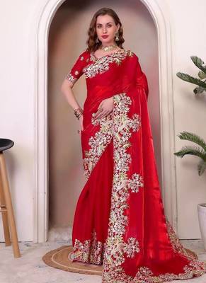 Red sequin embroidered, cut work jimmy choo bollywood saree with blouse 1