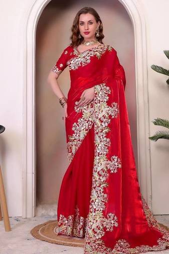 Red sequin embroidered, cut work jimmy choo bollywood saree with blouse