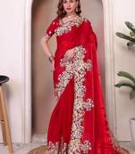 Red sequin embroidered, cut work jimmy choo bollywood saree with blouse