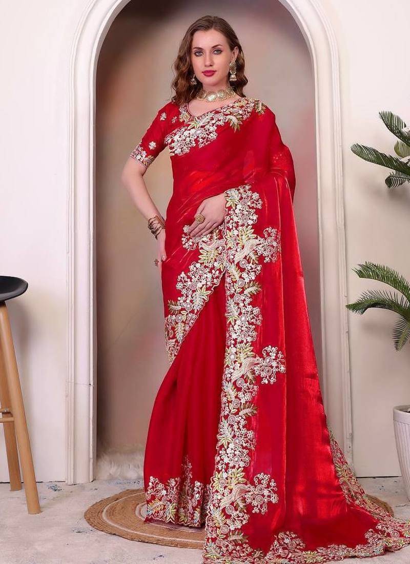Red sequin embroidered, cut work jimmy choo bollywood saree with blouse