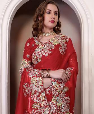 Red sequin embroidered, cut work jimmy choo bollywood saree with blouse 2